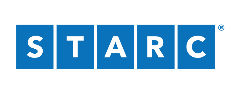 The STARC company logo is made up of five blue blocks next to each other with some white space in between. Each block contains one letter from the word STARC.