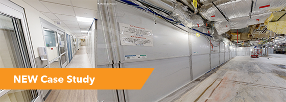 New Case Study banner over an image of a hospital with renovations being completed on one side, and the an active hallway on the other. The construction is contained by STARC's walls. 
